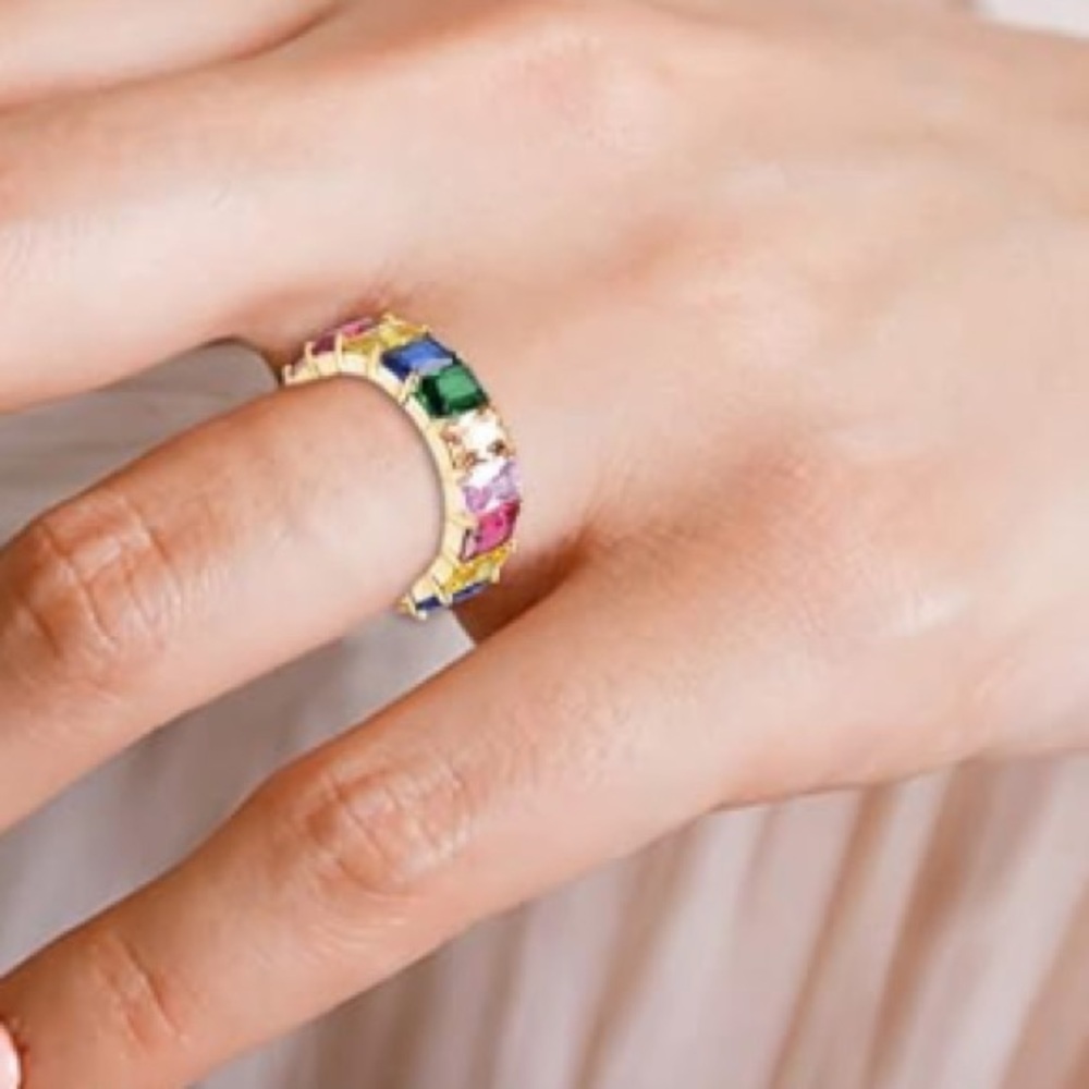 Emerald Cut Multicolor Gold-Tone Women's Rainbow Ring Size 7.